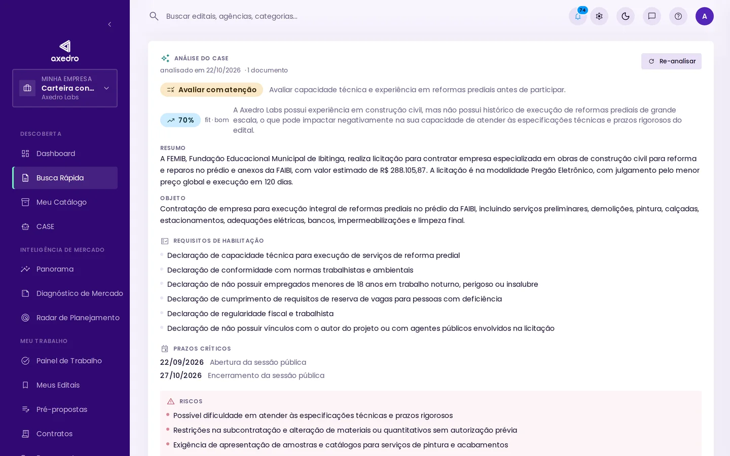 Análise de um edital na Axedro com recomendação, resumo, requisitos de habilitação, prazos e riscos